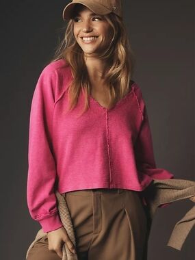 Pilcro Hot Pink V-Neck Cropped Sweater